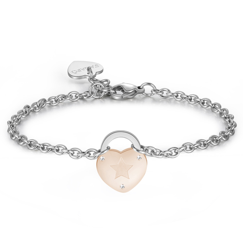 S'Agapõ Bracciale Donna Catena Snake In Acciaio 316L Con Cuore Smalto Rosso - Collezione Click, Ipoallergenico