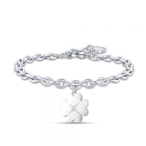 LIKGREAT Bracciale Portafortuna Con Quadrifoglio E Cuore - Doppia Catena In Acciaio Inox, Regolabile, Per Donne