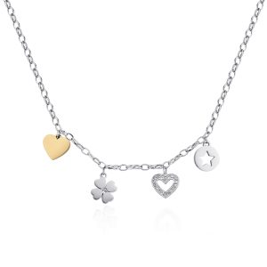 Collana Donna con Pendenti a Stella Quadrifoglio e Cuore con Cristalli Bianchi S’agapo’ SHAR08