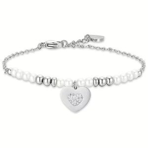 Bracciale Donna in Acciaio con Perle e Cuore con Cristalli Bianchi Luca Barra BK2619