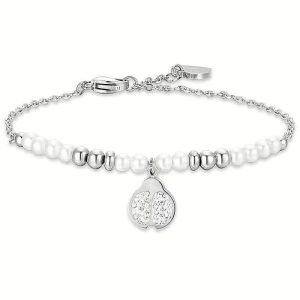 Bracciale Donna in Acciaio con Perle e Coccinella con Cristalli Bianchi Luca Barra BK2623