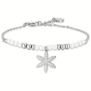 Bracciale Donna in Acciaio con Perle e Fiore della Vita con Cristalli Bianchi Luca Barra BK2624