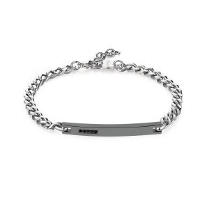 Bracciale in Acciaio con Targhetta Nera con Cristalli Neri Uomo S'Agapò SPD25