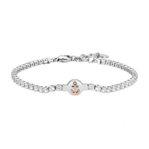 Bracciale Tennis in Acciaio con Cristalli Bianchi e Ancora Rosata Uomo Luca Barra BA1744
