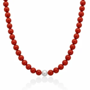 Collana con Agglomerato Corallo Rosso e con 1 Perla 8,5-9 mm Miluna PCL4437