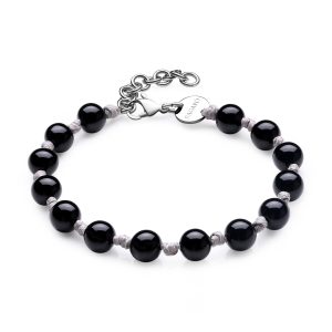 Bracciale in Acciaio con Cordino Cerato e Sfere Agata Nera Uomo S'agapò SRT20