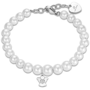 Bracciale in Acciaio con Perle e Angelo con Cristalli Bianchi Donna Luca Barra BK2099