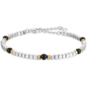 Bracciale in Acciaio con Pietre Nere ed Elementi in Oro Uomo Luca Barra BA1504