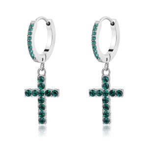 Orecchini a Cerchietto a Forma di Croce e Cristalli Verdi Smeraldo Donna S'Agapò SDZ111
