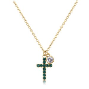 Collana Dorata con Pendente a Forma di Croce e Cristalli Verdi Smeraldo Donna S’Agapò SDZ66