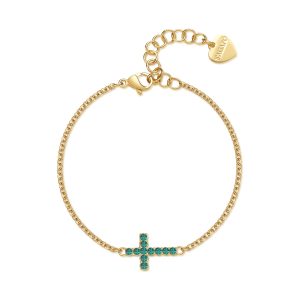Bracciale Dorato con Centrale a Forma di Croce con Cristallo Verde Smeraldo Donna S'Agapò SDZ77