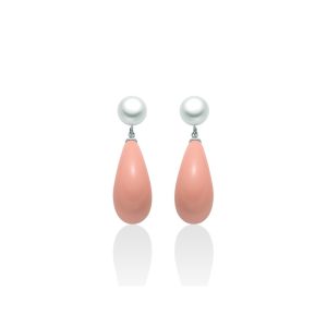 Orecchini Pendenti con Corallo Rosa Ovale e Perla 7-7,5 mm in Argento Miluna PER2189