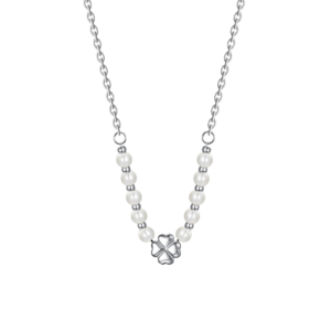 Collana con Quadrifogli e Perle Bianche in Acciaio Luca Barra CK2073