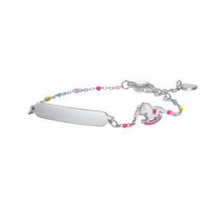 Bracciale Bambina con Targhetta e cavallo a dondolo con smalto rosa e fucsia e pietre colorate Luca Barra JB236