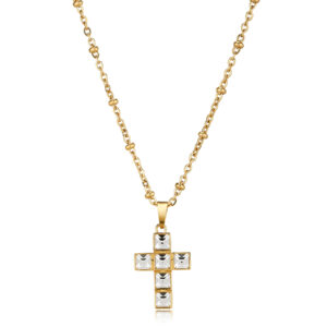Collana con Croce con Cristalli Bianchi in Acciaio Dorato S'Agapò SRD06