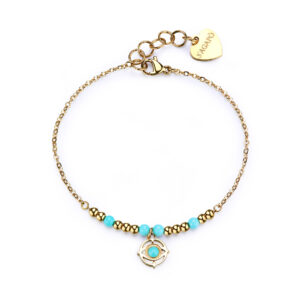 Bracciale con Elementi in Turchese e Pendente Evil Eye in Acciaio Dorato S’Agapò SWH12