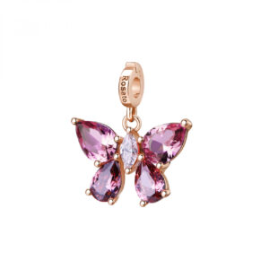 Charm in Argento Rosato a Forma di Farfalla con Cristalli Rosa RZLE089