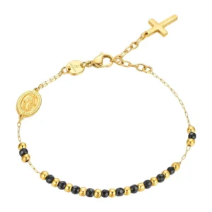 Bracciale Rosario in Acciaio Dorato con Pietre Nere Uomo Luca Barra BA1893