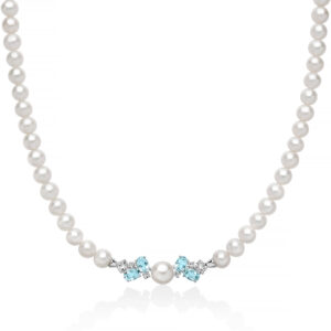 Collana di Perle 6 - 6,5 mm e Perla Centrale 8 - 8,5 mm e Topazi Bianchi e Azzurri Miluna PCL6922