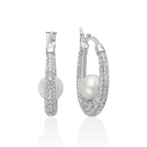 Orecchini Cerchietto con Topazi Bianchi e Perle 6,5 - 7 mm in Argento Miluna PER2934