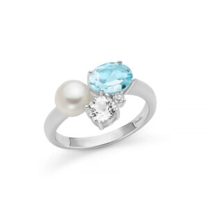 Anello con Topazi Bianchi e Topazio Azzurro Ovale e Perla 6,5 - 7 mm in Argento Miluna PLI1766